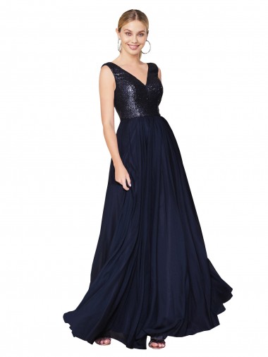 Chiffon & Lantejoulas Costas em V Comprimento Chão Decote V Linha A Vestidos de Madrinha / Vestidos de Festa em Promoção