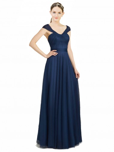 Tule Abrir de volta Comprimento Chão Decote V Linha A Vestidos de Madrinha em Promoção
