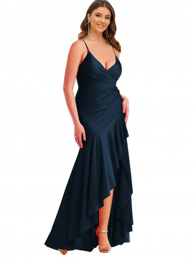 Cetim Sedoso Alto Baixo Alças finas Sereia Vestidos de Madrinha / Vestidos de Noite / Vestidos de Festa em Promoção