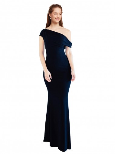 Crepe Esticado Comprimento Chão Um Ombro Sereia Marinha Negra Vestidos de Madrinha / Vestidos de Noite / Vestidos de Festa em Promoção