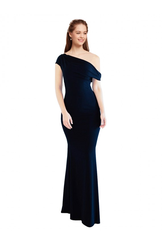 Crepe Esticado Comprimento Chão Um Ombro Sereia Marinha Negra Vestidos de Madrinha / Vestidos de Noite / Vestidos de Festa em Promoção