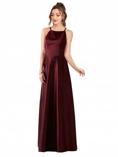 Cetim Comprimento Chão Cabeçada Linha A Vestidos de Madrinha / Vestidos de Festa em Promoção