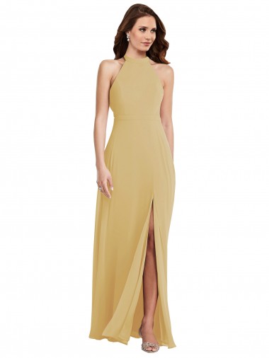Chiffon Abrir de volta Comprimento Chão Cabeçada Linha A Ouro Vestidos de Madrinha em Promoção