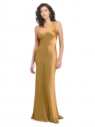 Cetim Elástico Comprimento Chão Um Ombro Linha A Vestidos de Madrinha / Vestidos de Noite / Vestidos de Festa em Promoção