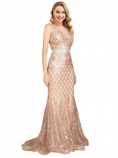 Lantejoulas & Lantejoulas Espumantes Costas em V Comprimento Chão Decote V Sereia Vestidos de Madrinha / Vestidos de Noite / Vestidos de Festa em Promoção