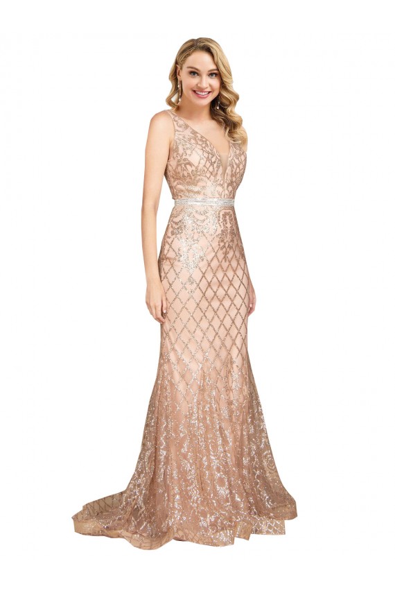Lantejoulas & Lantejoulas Espumantes Costas em V Comprimento Chão Decote V Sereia Vestidos de Madrinha / Vestidos de Noite / Vestidos de Festa em Promoção