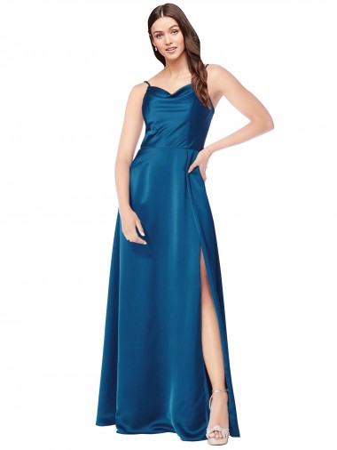 Cetim Sedoso Lombar Comprimento Chão Alças finas Linha A Pavão Azul Vestidos de Madrinha / Vestidos de Noite / Vestidos de Festa em Promoção
