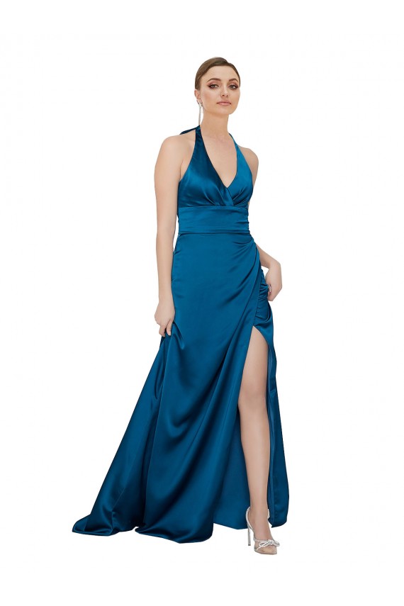 Cetim Sedoso Abrir de volta Comprimento Chão Cabeçada Linha A Longo Vestidos de Madrinha / Vestidos de Noite / Vestidos de Festa em Promoção