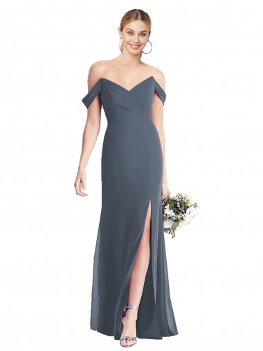 Chiffon Lombar Comprimento Chão Fora do Ombro Trombeta Vestidos de Madrinha em Promoção