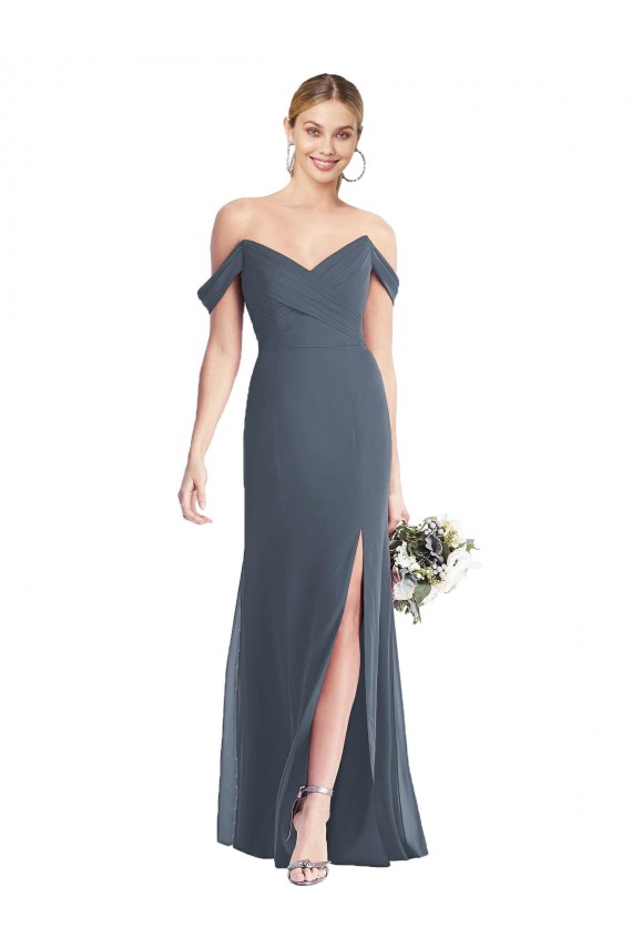 Chiffon Lombar Comprimento Chão Fora do Ombro Trombeta Vestidos de Madrinha em Promoção