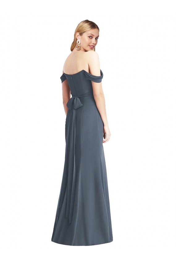 Chiffon Lombar Comprimento Chão Fora do Ombro Trombeta Vestidos de Madrinha em Promoção