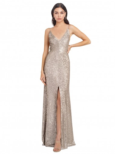 Lantejoulas & Lantejoulas Espumantes Costas em V Comprimento Chão Decote V Bainha Vestidos de Madrinha / Vestidos de Noite / Vestidos de Festa em Promoção