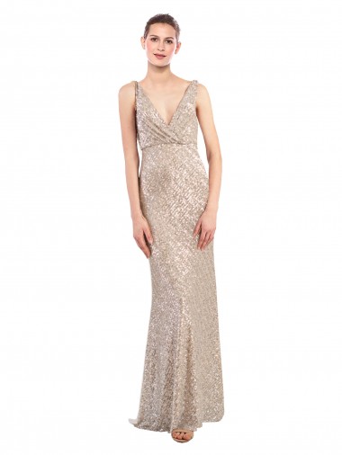 Lantejoulas & Lantejoulas Espumantes Lombar Comprimento Chão Decote V Bainha Vestidos de Madrinha / Vestidos de Noite / Vestidos de Festa em Promoção
