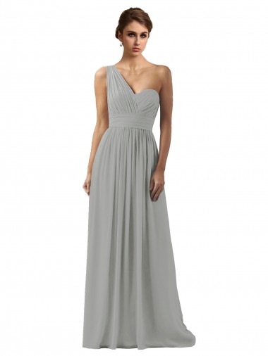Chiffon Comprimento Chão Um Ombro Linha A Prata Vestidos de Madrinha em Promoção