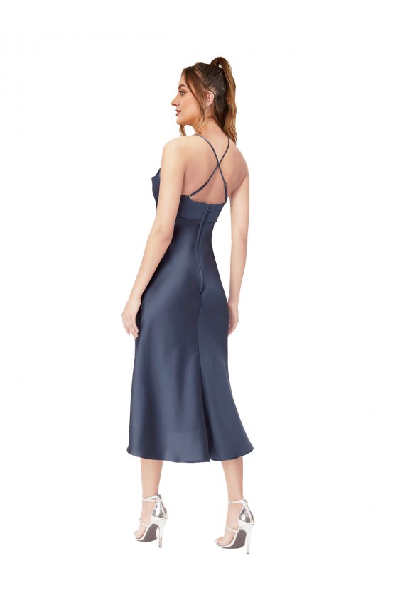 Cetim Sedoso Criss Cruz Alto Baixo Decote Capuz Bainha Vestidos de Madrinha / Vestidos de Noite / Vestidos de Festa em Promoção