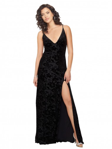Veludo Floral & Veludo Elástico Abrir de volta Comprimento Chão Decote V Bainha Vestidos de Madrinha em Promoção