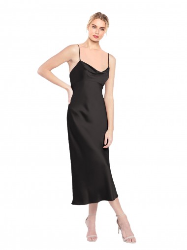 Cetim Elástico Lombar Comprimento Midi Alças finas Linha A Vestidos de Madrinha / Vestidos de Noite / Vestidos de Festa em Promoção