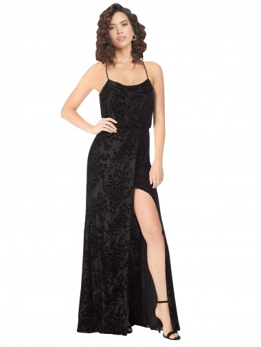 Veludo Floral & Veludo Elástico Criss Cruz Comprimento Chão Alças finas Linha A Vestidos de Madrinha em Promoção