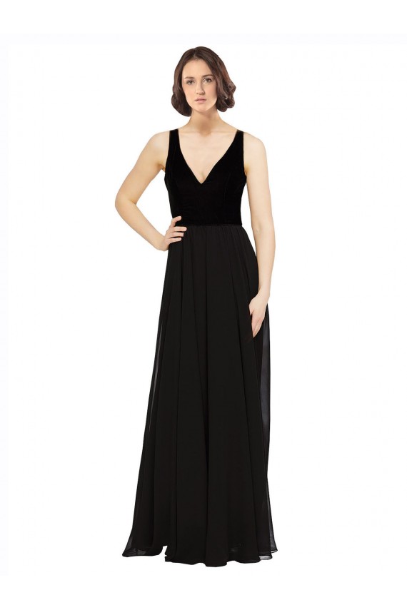 Chiffon & Veludo Abrir de volta Comprimento Chão Decote V Linha A Vestidos de Madrinha / Vestidos de Festa em Promoção