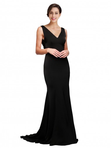Cetim Sedoso Lombar Comboio Varredela Decote V Linha A Vestidos de Madrinha / Vestidos de Noite / Vestidos de Festa em Promoção