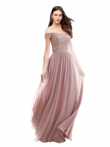 Chiffon & Renda Comprimento Chão Fora do Ombro Linha A Longo Vestidos de Madrinha em Promoção