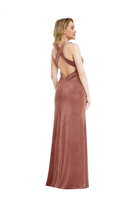 Veludo Elástico Abrir de volta Comprimento Chão Decote V Linha A Vestidos de Madrinha / Vestidos de Noite / Vestidos de Festa em Promoção