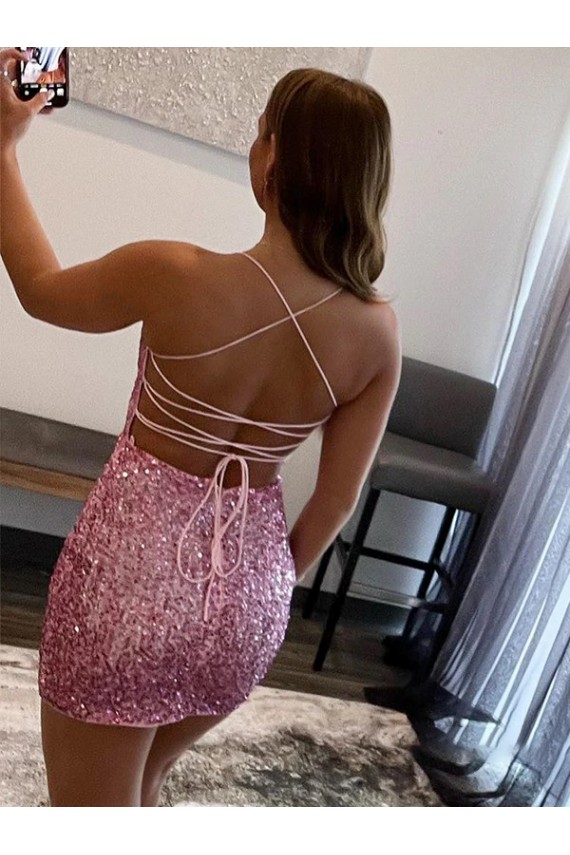 Lantejoulas Veludo Curto Alças finas Bainha Vestido de Festa em Promoção