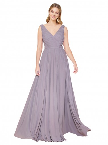 Chiffon Costas em V Comprimento Chão Decote V Linha A Rosa Empoeirada Vestidos de Madrinha / Vestidos de Noite / Vestidos de Festa em Promoção