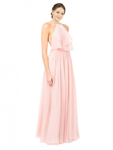 Chiffon Abrir de volta Comprimento Chão Cabeçada Linha A Rosa Vestidos de Madrinha em Promoção