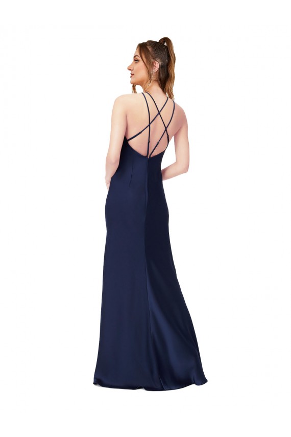 Cetim Sedoso Criss Cruz Comprimento Chão Decote Alto Bainha Vestidos de Madrinha / Vestidos de Noite / Vestidos de Festa em Promoção
