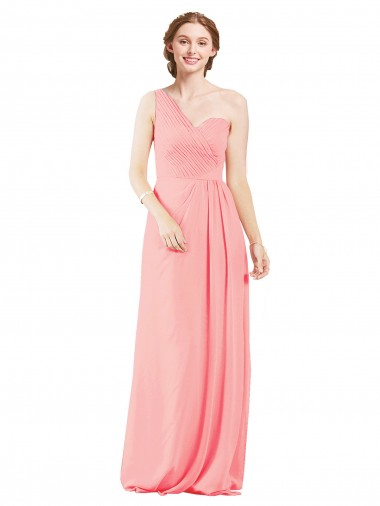 Chiffon Comprimento Chão Um Ombro Linha A Salmão Vestidos de Madrinha em Promoção