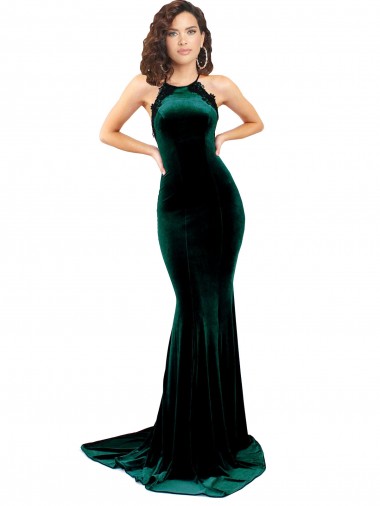 Veludo Elástico Lombar Comboio Varredela Decote Alto Sereia Vestidos de Madrinha / Vestidos de Noite / Vestidos de Festa em Promoção