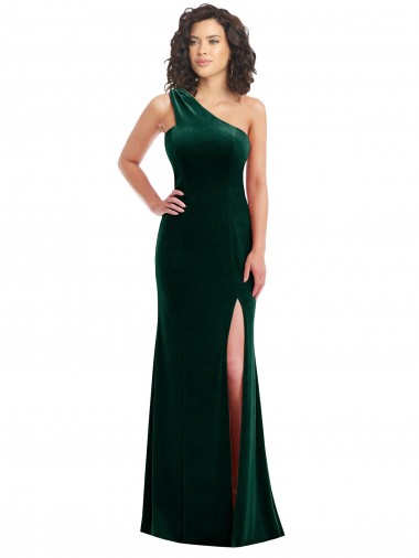 Veludo Elástico Comprimento Chão Um Ombro Trombeta Vestidos de Madrinha / Vestidos de Festa em Promoção