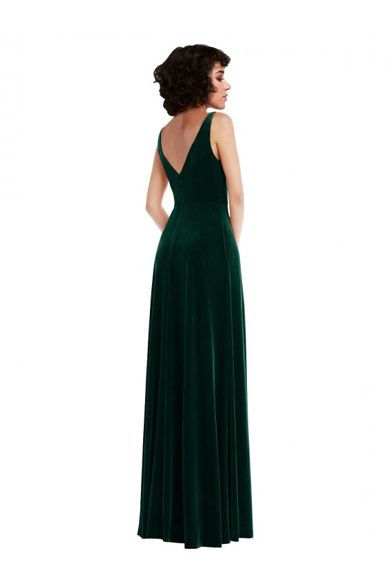 Veludo Elástico Costas em V Comprimento Chão Decote V Linha A Verde Escuro Vestidos de Madrinha / Vestidos de Festa em Promoção
