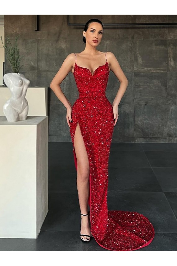 Lantejoulas Veludo Comboio Varredela Decote V Bainha Vermelho Vestidos de Festa em Promoção