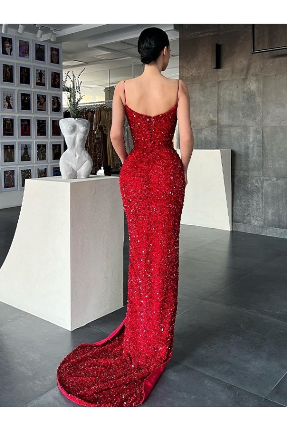 Lantejoulas Veludo Comboio Varredela Decote V Bainha Vermelho Vestidos de Festa em Promoção
