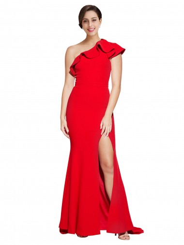 Crepe Esticado Comboio Varredela Um Ombro Bainha Vestido de Madrinha / Vestido de Festa em Promoção