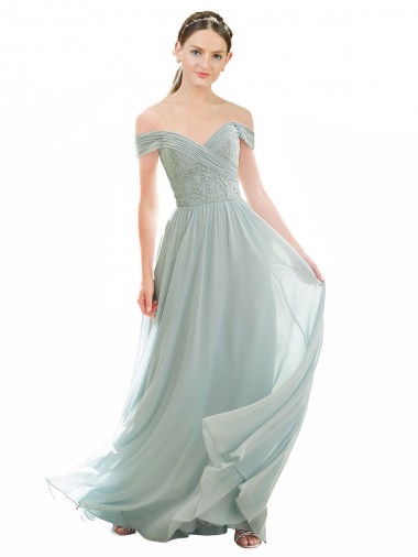 Chiffon & Renda Comprimento Chão Fora do Ombro Linha A Vidro Marinho Vestidos de Madrinha em Promoção